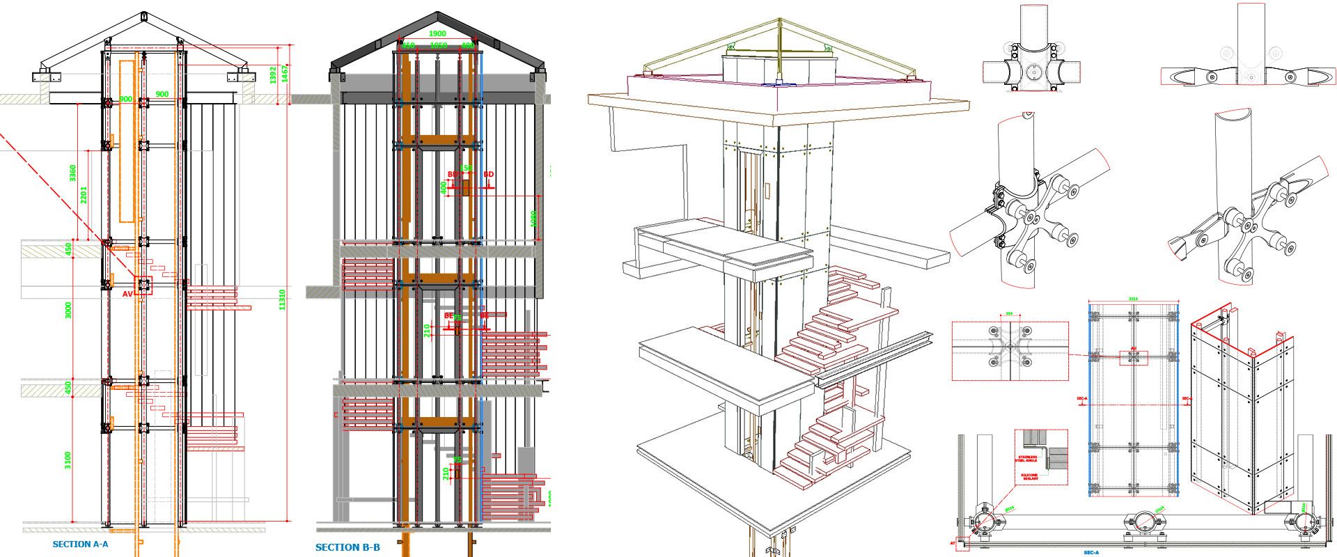 Shop drawing of a panoramic lift structure and steel stair