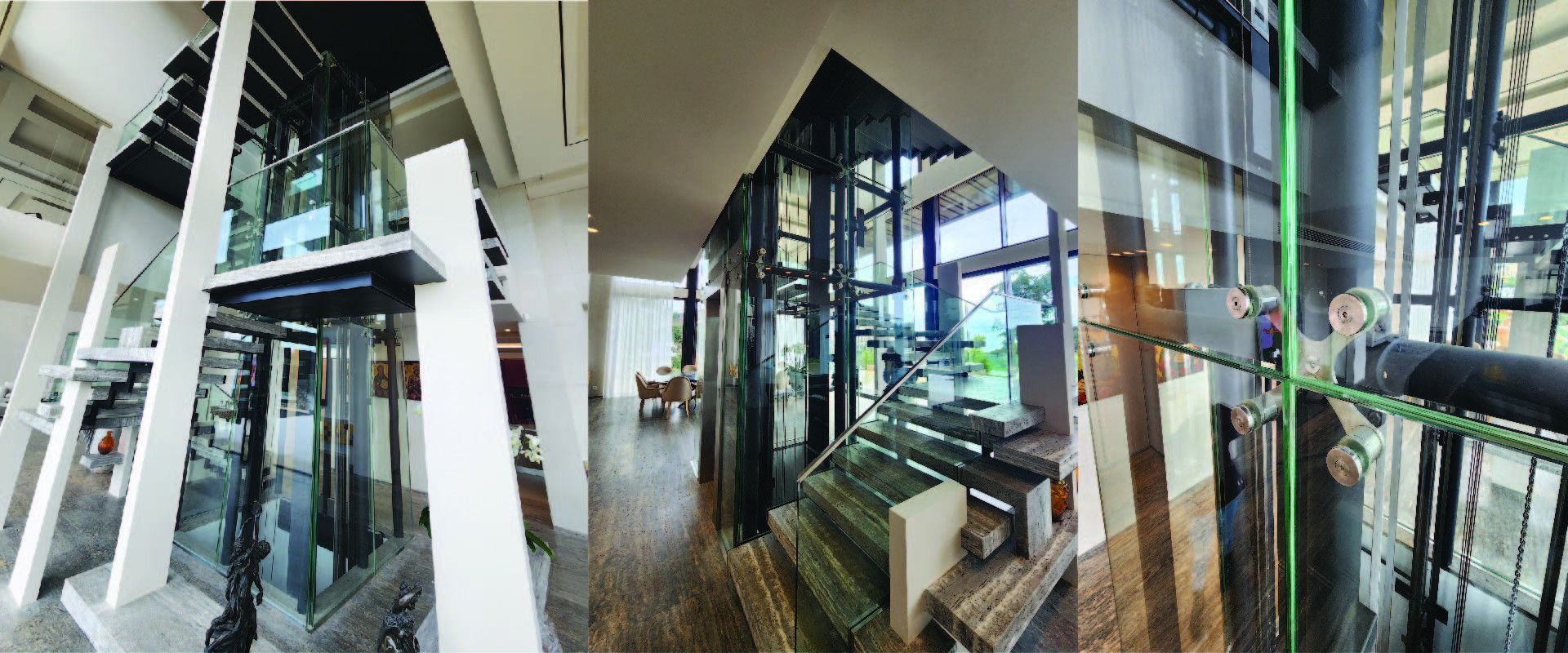 Panoramic glass lift and steel stair installed in a private villa